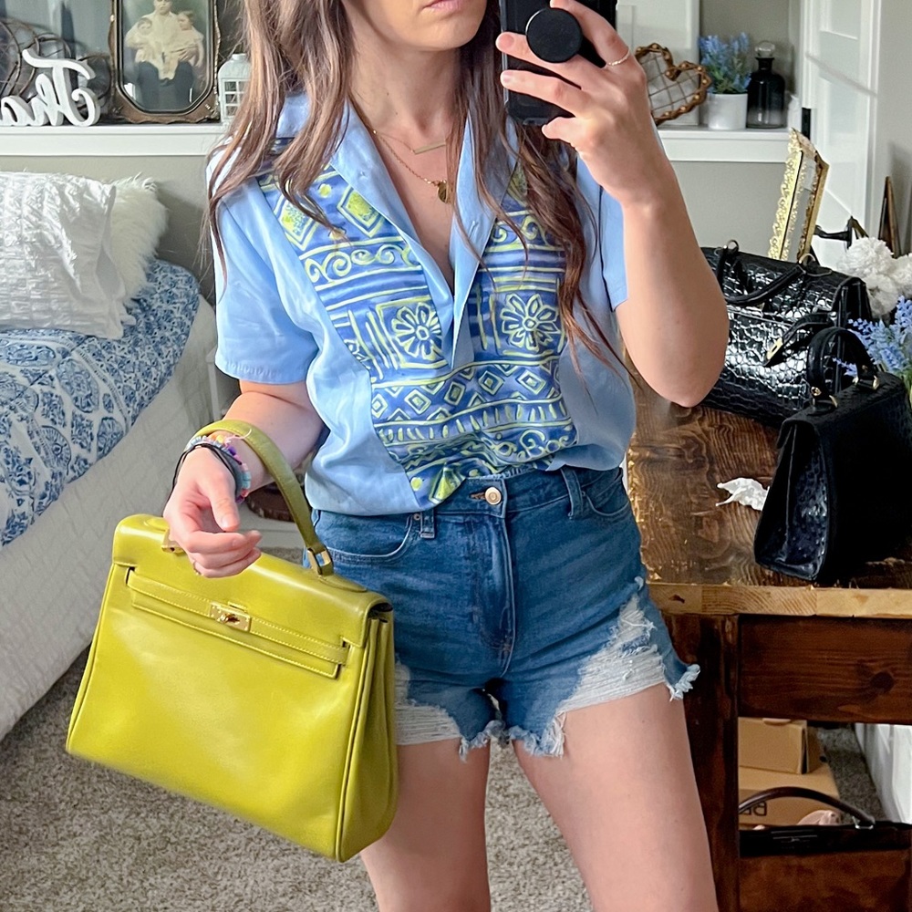 Vintage western Aztec summer short sleeve button down top collar fitted waist A